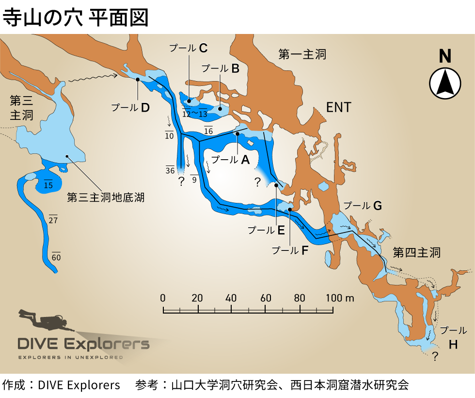 秋吉台地下水系・寺山の穴の、2026年5月時点の水中を含めた地図